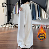 White Plus Velvet Broad-Legged Jeans Women's Autumn And Winter New High-Waisted Loose Loose Casual Small Narrow Version Of Straight Trousers