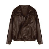 Vintage Brown Pu Leather Coat In Autumn 2025 Loose Zipper Collar Locomotive Jacket Jacket Top Woman