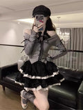 Sweet And Spicy Lace Hanging Neck T-Shirt For Women's Autumn Ballet Black Corduroy Short Skirt Blouse Ponn Cake Skirt Suit