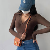 Spice Girl Sexy V-Neck Elastic Tight Slim Long Sleeve Bottom T-Shirt Girl Design Sense Of A Hundred Tops