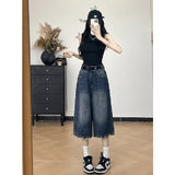 Vintage Do Old Fur Side Denim Shorts Women Summer High Waist Display Thin Straight Legs Drag Seven Points In The Pants