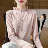 New Silk Velvet 2026 Spring And Summer New Women's Short Wooden Ear Half-High Tie Wnitted Shirt Knitted Bottom Shirt Top