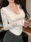 Pure Lust Wind V Long Sleeves Plus Velvet Lace Jersey Women Autumn And Winter New Repair With Bottom Shirt Short T-Shirt Blouse Tide