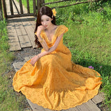 Xinjiang Yunnan Tourism Seaside Holiday Yellow Long V Collar Small Flying Sleeves To Close The Waist Dress French Retro Dress