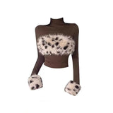 Temperament Famous Hairy Hottie Spliced Leopard-Print High-Necked Long-Sleeved T-Shirt Slim Short Thin Bottom Top