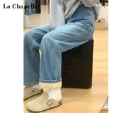 Light Blue Straight Jeans Women 2025 Autumn And Winter Trend With New Plus Velvet High Waist Narrow Version Of Broad Leg Dredged