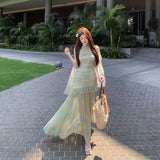Summer Beautiful Green French Mesh Sling Dress Women's New Explosive High-End Feel Waist Holiday Long Skirt