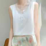 Silk Satin 2026 Spring And Summer Women's New V-Neck Mesh Splicing T-Shirt Solid Color Buffet Korean Version Of Sleeveless Vest
