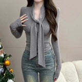 Pure Style With V-Neck Blouse Long-Sleeved T-Shirt Women's Thin Bottom Shirt New Design Sense Thin Top