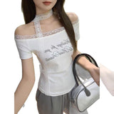 Sweet And Spicy Wind Splicing Lace Side Shoulder T-Shirt Girl 2025 Summer New Letter Print Short-Sleeved Top