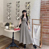 Large-Size Lattice Short-Sleeved Dress Women's Summer Waists Thin A-Word Dress Fat MM French Retro Wrinkled Skirt