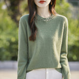 Wool Blended 2026 Autumn And Winter New Women's Round Neck Nails Loose Long-Sleeved Jacket Short Knitted Sweater Bottom Shirt