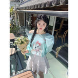 Cute Cat Prints Slanted Shoulder Long-Sleeved T-Shirt For Spring And Summer New Thin Loose Sunscreen Hoodie Casual Top