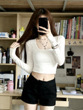 Pure Style Hottie Collar Long-Sleeved T-Shirt Girl Autumn And Winter Black Inside The Bottom Shirt Short Shirt On The Shoulder