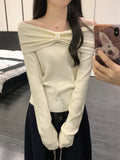 One-Word Collar Bow Design Long-Sleeved Knitted Shirt Women Autumn 2025 New Pure Hot Girl Bare Shoulder