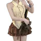 Summer Slimming Design Pure Lusty Sweet Sleeveless Hanging Neck Shirt Top + Half-Dress Skirt Set Woman
