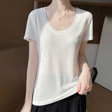 2026 Spring And Summer Women's New Shoulder Short T-Shirt Fashion U Collar Slim Bottom Shirt Short Sleeve Thin Fashion Top