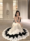 French Heavy Industry Lace Splicing Big Swing Dress Women Black And White Bump Color Waist Thin Hanging Dress Dress Dress Dress