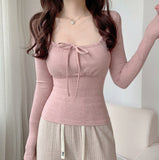 Purely Tender Style Boobs Peach Powder Long Sleeves Tops Pits To T-Shirts And Bows With T-Shirt