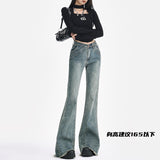 Vintage Design With Hair-Side Micro-Horn Jeans Women Autumn And Winter Low-Rise Hottie Splicing Elastic Trousers