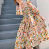 French Hepburn Style Temperament Retro Chic Beautiful Mashed Flower Bubble Sleeve Dress Dress Women Summer