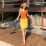 Terand Dopamine Mingmei Holiday Set Female Summer Seaside Orange Hanging Neck Vest Half-Body Skirt Two-Piece