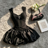 French Hepburn High-Grade Black Sling Dress Summer Temperament Hottie Waist Fluffy Little Black Dress Girl