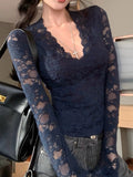 Pure Lust Wind V Long Sleeves Plus Velvet Lace Jersey Women Autumn And Winter New Repair With Bottom Shirt Short T-Shirt Blouse Tide