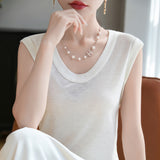 Lyselle Tiansi 2026 Spring And Summer Women's New Short-Sleeved U-Neck Solid Colorless Vest Knitted Short-Sleeved T-Shirt