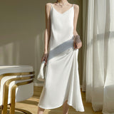 Silk Satin 2026 Spring And Summer New Women's V-Neck Long Dress Solid Color Temperament Adjustable Long Dress Sleeveless Sleeveless Sling