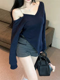 Irregular Opening Fork Inclined Shoulder Long-Sleeved T-Shirt Girl Spring Pure Desire A Word Shoulder-To-Shoulder Shirt Inside The Shoulder Jacket