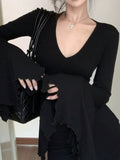 Spice Girls V Collar Horn Sleeve T-Shirt Girl Autumn Slimming Design Feel Fork Black Long-Sleeved Blouse