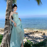 Mint Green Holiday Atmosphere With A Sense Of Neck Fairy Beauty Back Bow Fairy Dress Suitable For Seaside Photo Skirt
