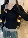 Korean Wearing A Fake Two-Piece Polo Collar Long-Sleeved T-Shirt For Women's New Black Tie Bottom Shirt In Autumn