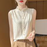 Silk Velvet 2026 Spring And Summer New Women's Wooden Ear Collar Buckle Sleeveless Knitted Bottom Shirt Short-Sleeved Vest