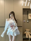 Korean White Print Oblique Shoulder Long-Sleeved T-Shirt Women's Summer Loose Sun Protection Shirt Design Thin Model Top