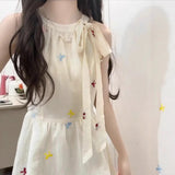 Sweet Style Temperament Bow Tie With Hanging Neck Sling Dress Female Super Fairy Waist Clear Thin Cold Feeling Long Skirt