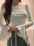 Pure Style Out Of The Shoulder Irregular Design T-Shirt 2026 Autumn New Slim Drawstring Thin Bottom Top