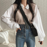 Spring And Autumn New Splicing POLO Collar Fake Two T-Shirt Women's Long Sleeves Loose Thin Bump Collar Blouse Tide