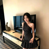 Wave Point Collar Folding Ultra-Short Flower Boa Boa Boamel 2026 Spring And Summer New Hanging Neck Black Wave Dot Dress