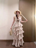Morning Dew Cere Garden French Resort Wind Heavy Industry Print Hanging Neck Chiffon Cake Dress Women V Collar Bareback Dress