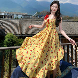 Seaside Holiday Travel To Take Pictures Irregular Open Fork Temperament To Close The Waist Bare Back Yellow Sling Dress Women Summer