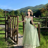 French Holiday Wind Mint Green Crumid Hanging Dress Female Summer Lotus Leaf Side Waist Design Super Fairy Temperament Dress