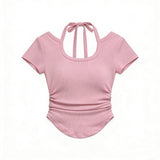 Spice Girls Irregularly Hanging Neck Short-Sleeved T-Shirt Girl Summer Slimming Short Folding Top
