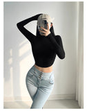 Pure Hot Girl Half-High Collar Shoulder Long-Sleeved T-Shirt Autumn And Winter New Side-Waist Folded Elastic Repair Shirt Short