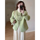New Chinese Style Green Cross-Buckle Coat Women's Autumn And Winter New Retro Loose Round Collar Short Double-Sided Coat