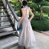 French Temperament Pure Fish Bone Girded Neck V-Neck Bow Dress Women's Summer New Seaside Vacation Dress