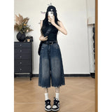 Vintage Do Old Fur Side Denim Shorts Women Summer High Waist Display Thin Straight Legs Drag Seven Points In The Pants