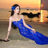 Blue Hanging Dress Female Senior Famous Yuan Thousand Gold Evening Dress Sexy Bare Backpack Hip Dress Birthday Dress