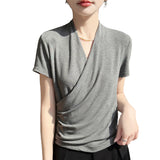 Fine Spinning Lyselle 2026 Spring And Summer Women's New Short-Style V-Neck Solid Color Cross-Temple Fashion Short-Sleeved T-Shirt